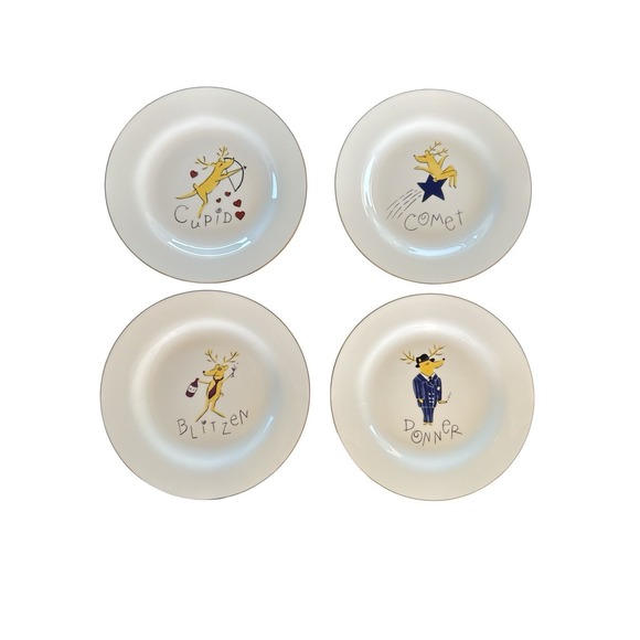 Pottery Barn Other - Pottery Barn Reindeer Dessert Plates Set of 4 Comet Cupid Donner Blitzen 2003